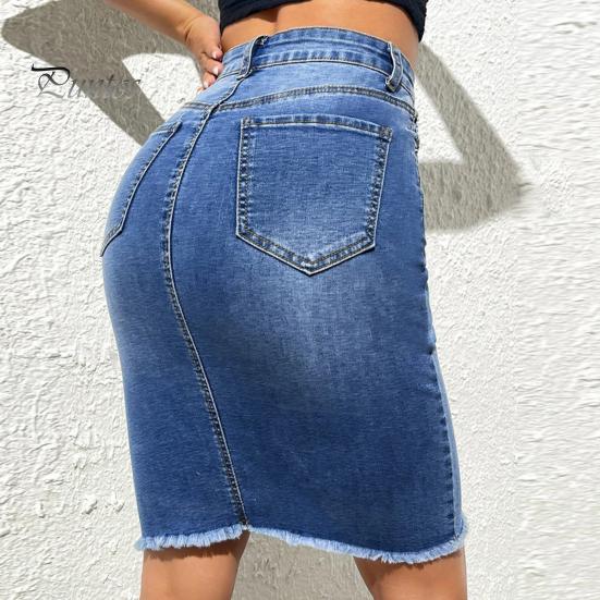 Women Denim Skirt High Waist Button Zipper Fly Multi Pockets Midi Skirt Solid Color Hip Wrapped Tassel Hem Washed Skirt