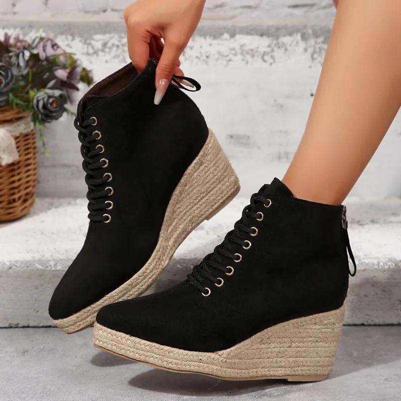 2024 Новые модные однотонные женские ботинки на танкетке со шнуровкой и толстой подошвой, удобная верхняя одежда, женская обувь с застежкой-молнией сзади