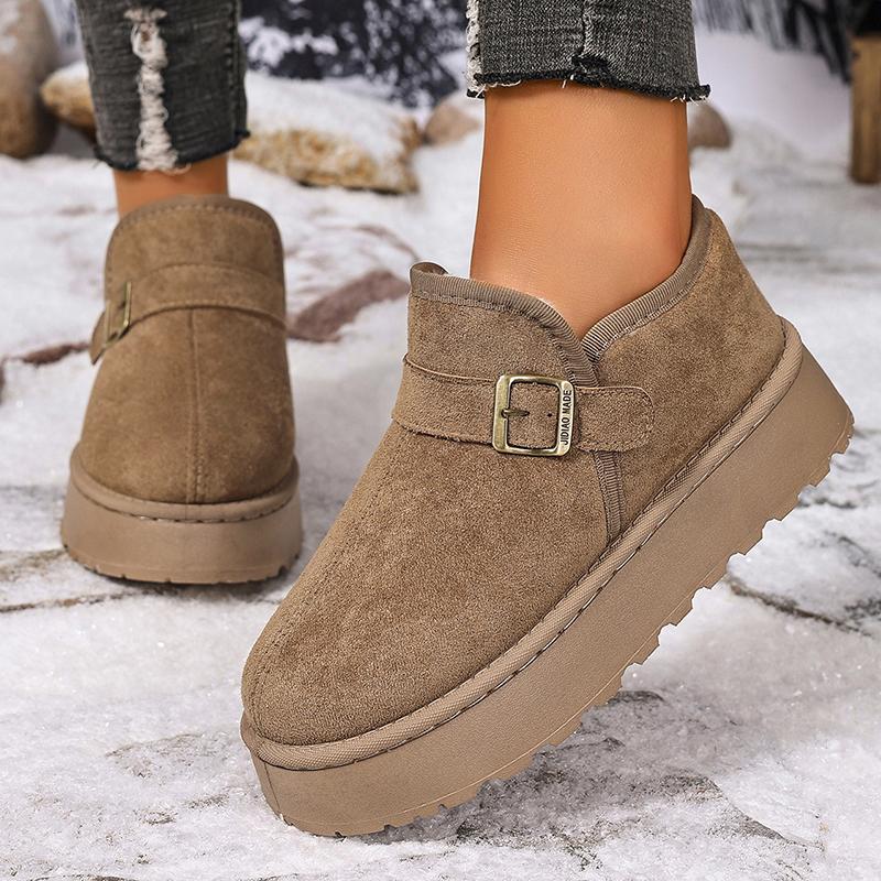 Модные зимние ботильоны на толстой подошве с пряжкой, женские 2025, из искусственной замши на платформе, женские зимние ботинки, слипоны, короткие плюшевые хлопковые туфли