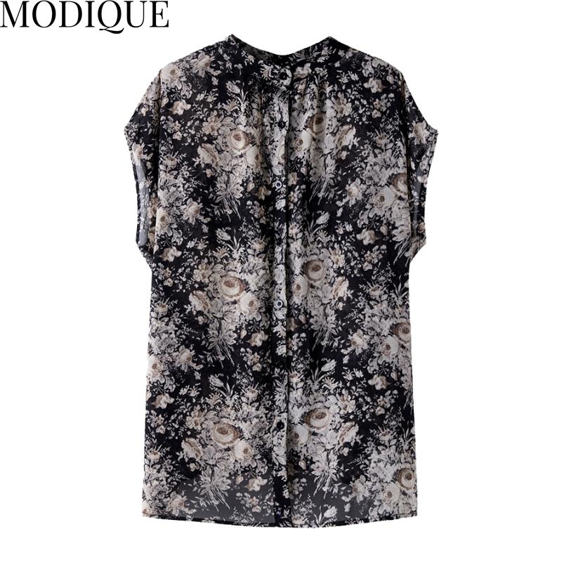 MODIQUE Лето Большие размеры Новые женские свободные винтажные шифоновые тонкие блузки с цветочным принтом Рубашки Пальто Женские повседневные оверсайз с короткими рукавами и v-образным вырезом Футболка