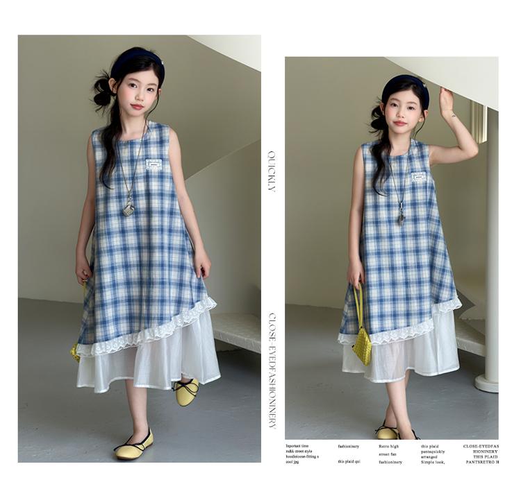 Girls' summer long fake two piece checkered dress