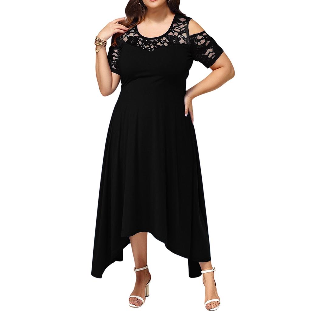 Женское летнее платье с открытыми плечами, кружевной отделкой, элегантное, оверсайз, однотонное
