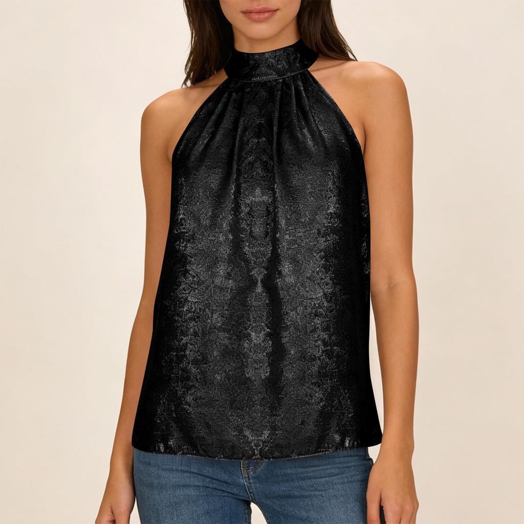 Женские Модные Вечерние Блузки Плиссированная Блузка с Воротником-стойкой Майки Без Рукавов