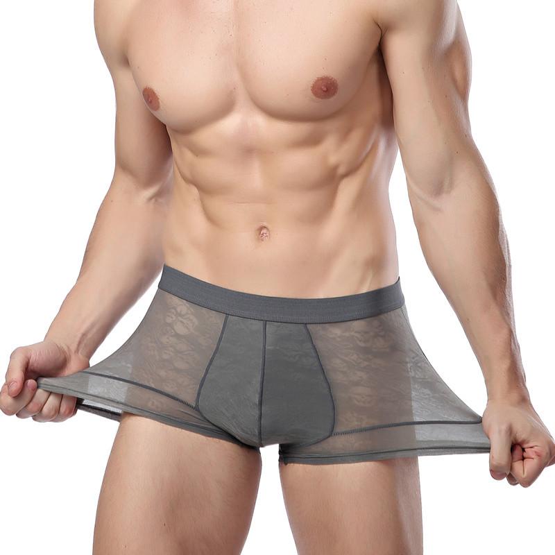 Mid-waist Solid Colour Youth Men's Ice Silk Breathable Hollow Ultra-thin Sexy Boxer Briefs