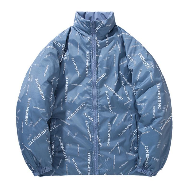 Two Sided Letter Print Thick Fleece Stand Collar Loose Cotton Puffer Jacket For Men Women