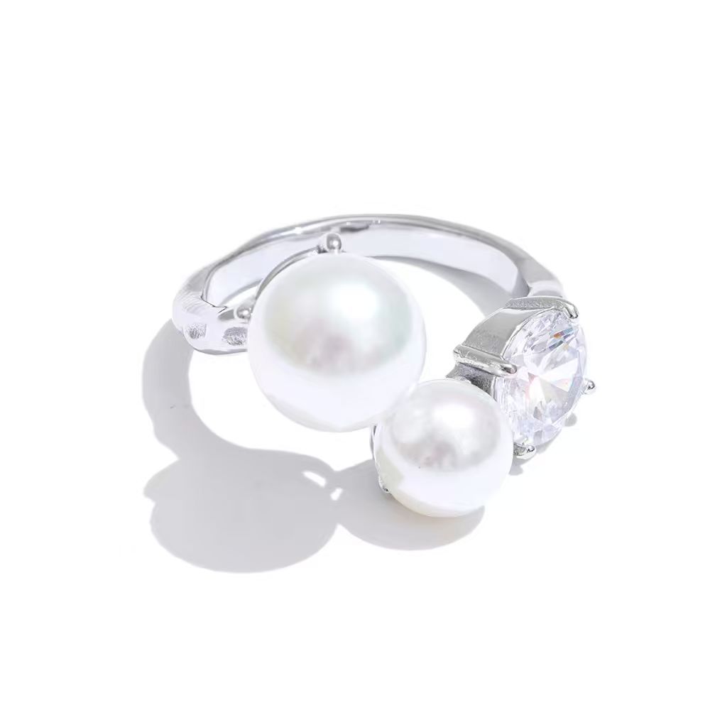 Yhpup Korean Simulated Pearls Cubic Zirconia Adjustable Chic Ring High Quality Stainless Steel Popular Jewelry Wholesale Gift