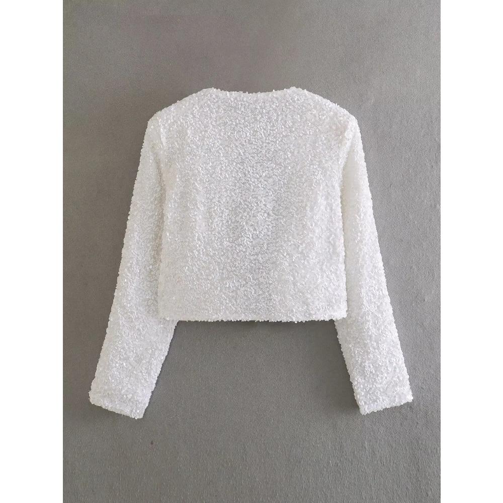 Fashion Holiday Tie-front Sequined Jacket for Women Y2K Shiny Chic Cropped Coat Female Elegant Long Sleeve Lady Party Outerwear