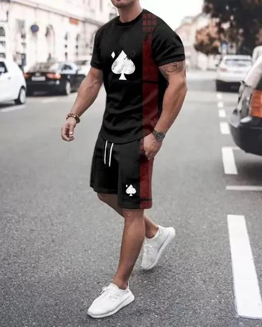 Европейский и американский мужской комплект футболок, летние шорты с 3D принтом и буквами для игральных карт, комбинированный комплект из 2 предметов с короткими рукавами, повседневный