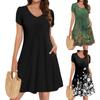 Women's Dress V Neck Sleeve Summer Dress Pleated Elastic Waist A-Line Dress