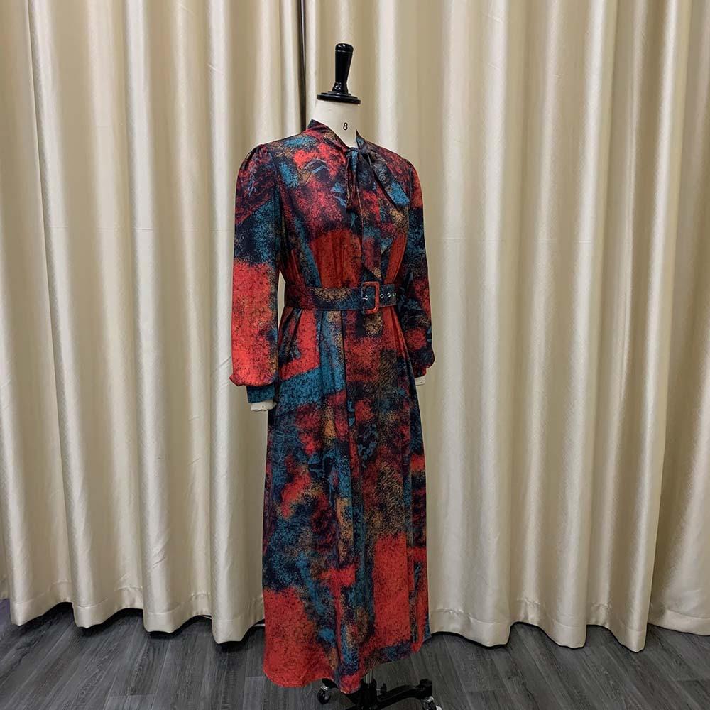 YYFS Women's Fashion Spring Fall Colour Block Print Long Sleeve O-Neck High Waist Casual Dresses