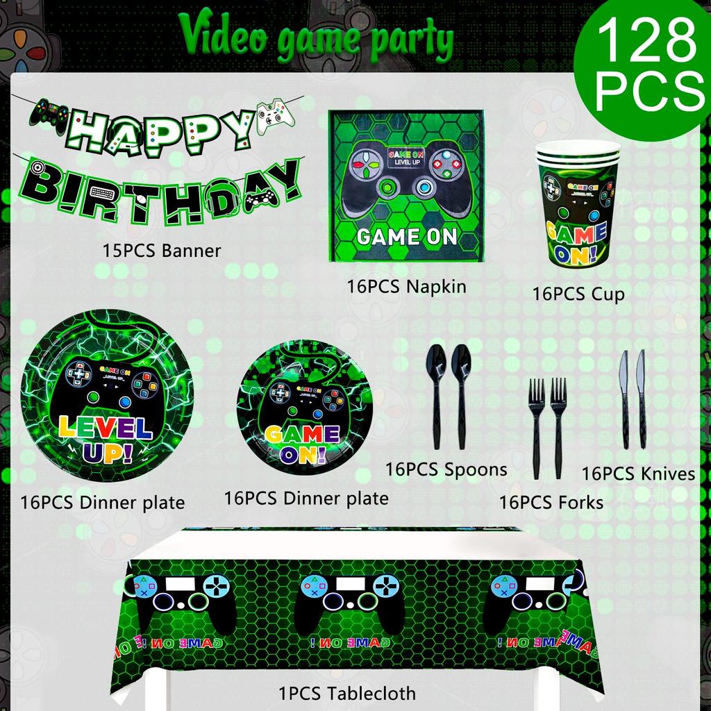 Товары для вечеринок с видеоиграми, набор столовых приборов для вечеринок с видеоиграми из 128 предметов - тарелки и салфетки для видеоигр, чашки, скатерти, баннеры и т. д. Товары для украшения вечеринок