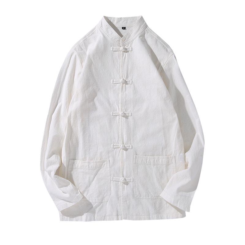 Мужская китайская ретро рубашка Тан с длинным рукавом - Однотонная, свободного стиля костюма для чаепития