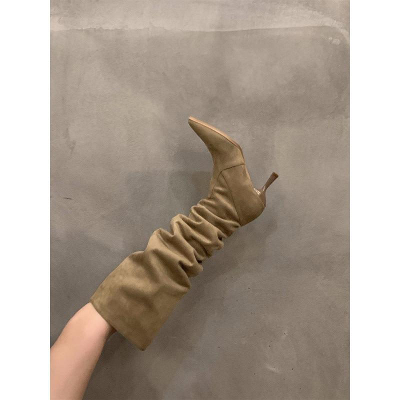 High-heeled Khaki Knee-piled Boots Women's Shoes 2025 New Autumn and Winter Pointed Thin Long Tube Knight Boots