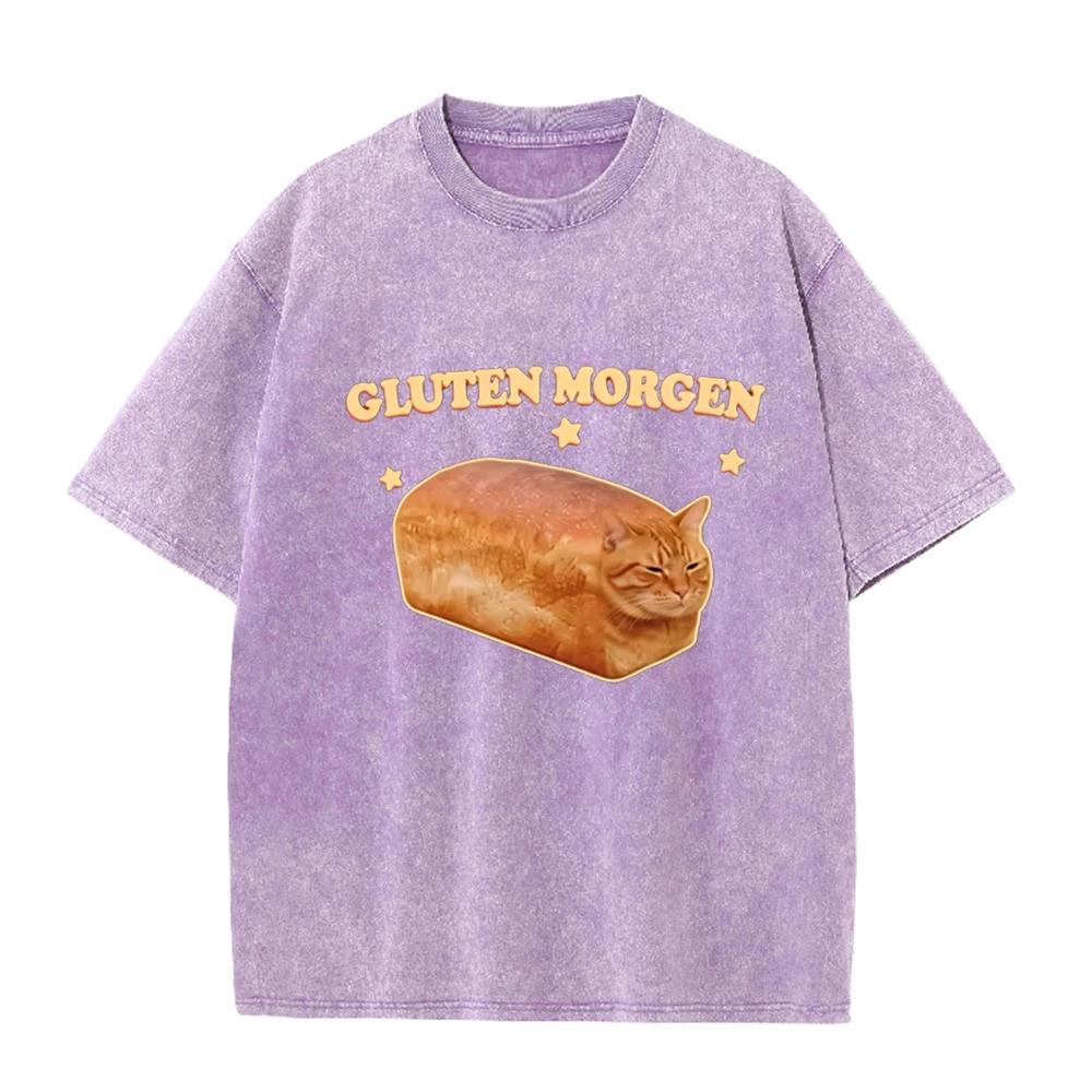 2026 Funny Bread Cat Gluten Morgen Graphic T Shirt Men Women Vintage Washed Black Unisex Casual Tee