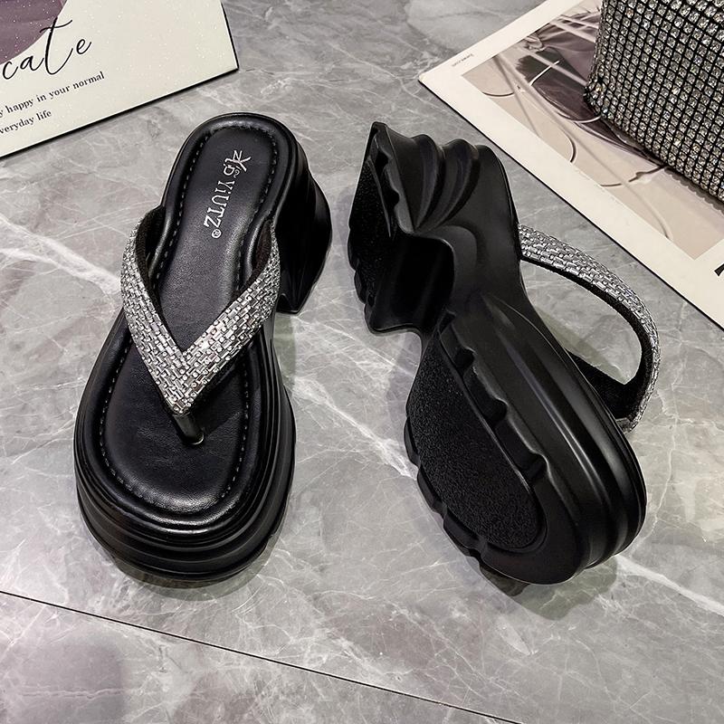 Fashion 8CM Women High Platform Slippers New 2025 Summer Crystal Beach Flip-Flops Ladies Wedge Heels Shoes Woman Outside Chunky Sandals