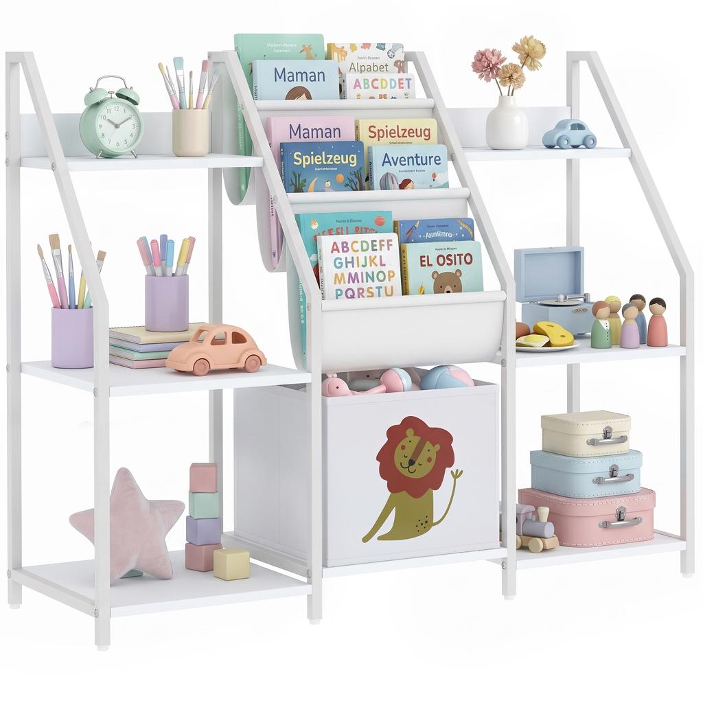Kids Bookshelf and Toy Storage 3-Tier Sling Book Rack, White