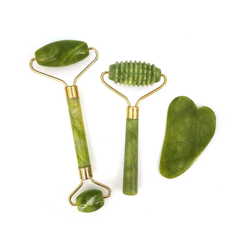 Роликовый массажер из натурального нефрита для лица, тела, спины, ног, массажный ролик для лифтинга лица, против морщин, двухсторонний нефритовый камень Гуа Ша