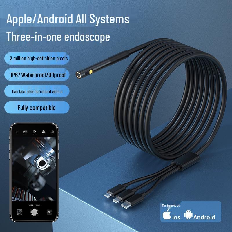 Водонепроницаемый HD Трехвходовой Промышленный Эндоскоп для Устройств Android и Apple