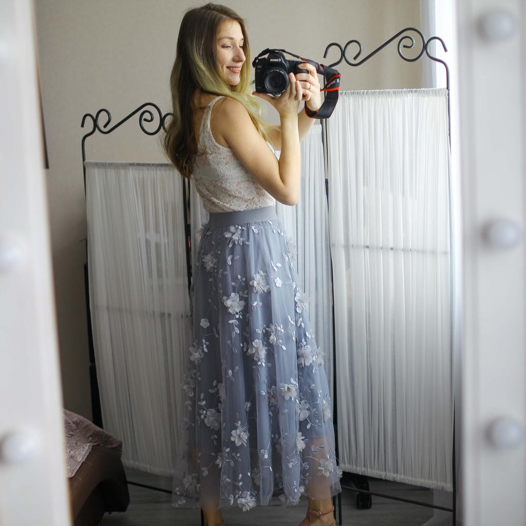 Роскошные женские юбки в корейском стиле, модная эластичная талия с аппликациями и вышивкой, сетчатая юбка с цветочным принтом, длинная газовая бальная юбка