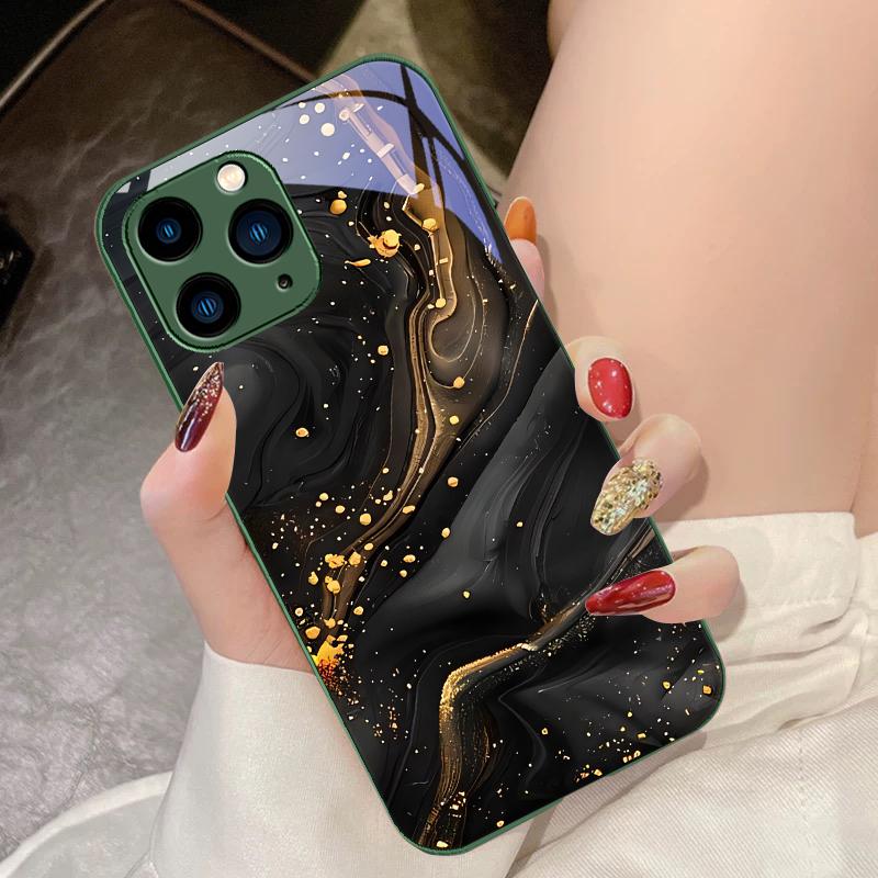 Темно-золотистый черный чехол из закаленного стекла для iPhone 16 Pro Max 15 Pro 14 13 12 Mini 11 XS Max XR 7 8 Plus SE 2022