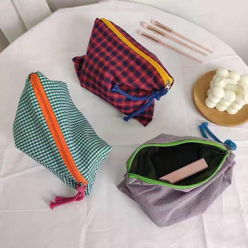 Plaid Makeup Bag Large Capacity Cotton Zipper Pouch Travel Clutch Cosmetic Organizer Storage for Women Girls