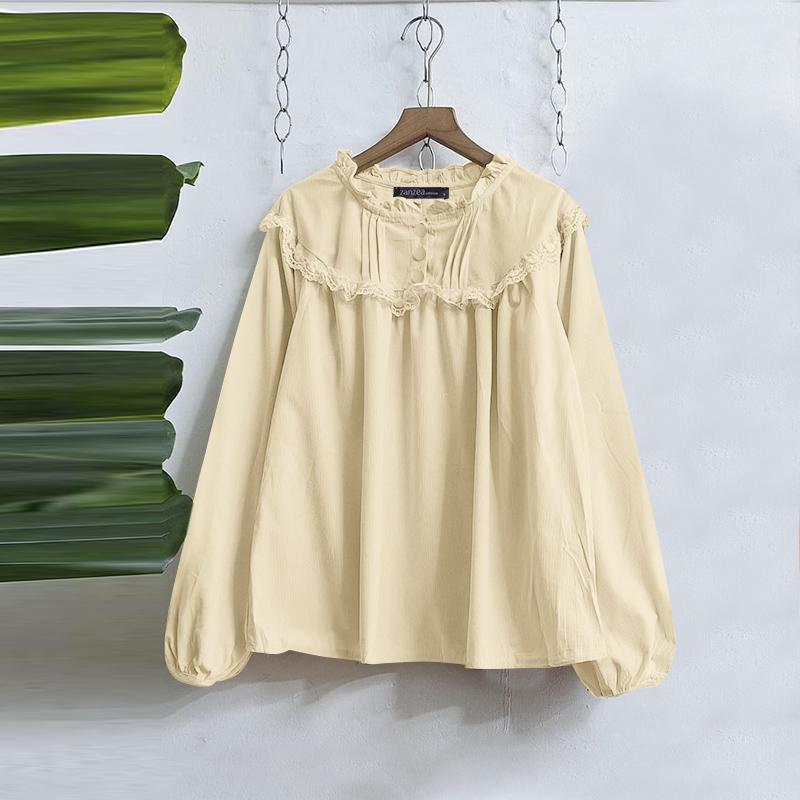 ZANZEA Женские винтажные кружевные блузки с круглым вырезом и длинным рукавом в полоску