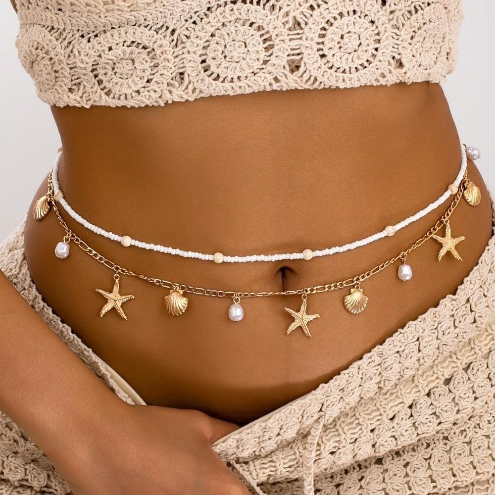 2 Pcs/set Gold Starfish Waist Chain Shell Belly Chains Elegant Beads Body Chain Summer