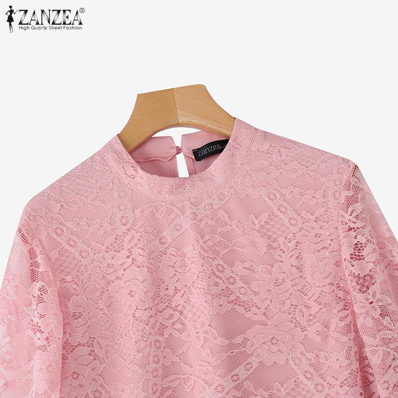 ZANZEA Женская повседневная блузка с круглым вырезом, рукавом 3/4 и кружевной вставкой