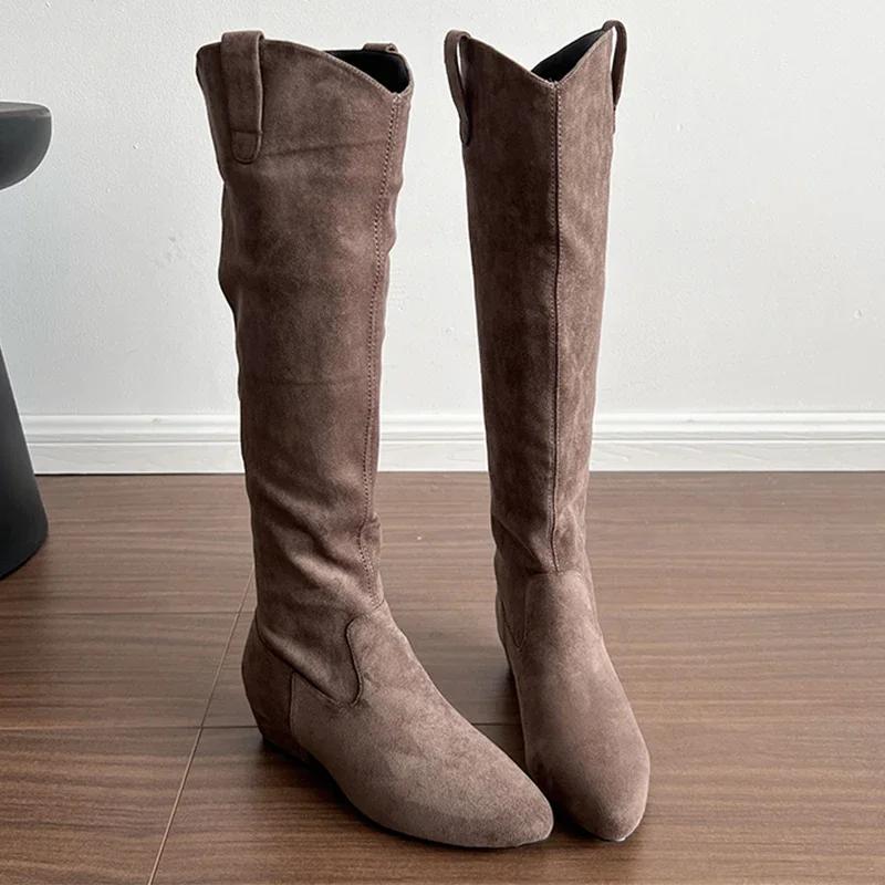 Замшевые женские высокие сапоги с острым носком на низком каблуке, сексуальная обувь для женщин, тренд 2025, зимняя мода, дизайнерское платье, элегантные Zapatos De Mujer