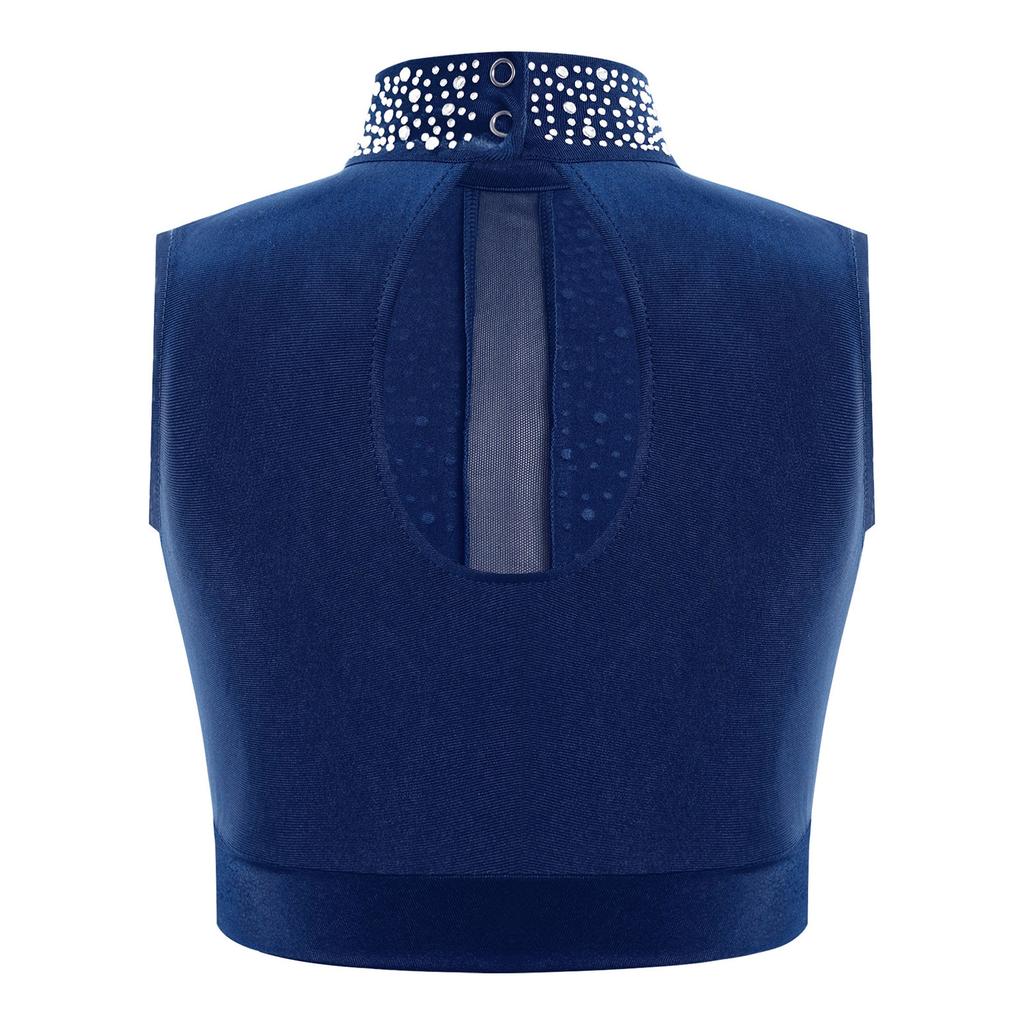Укороченный топ для девочек Lyrical Dance с воротником-стойкой, без рукавов, вырез-замочная скважина сзади, отделка стразами для современных выступлений