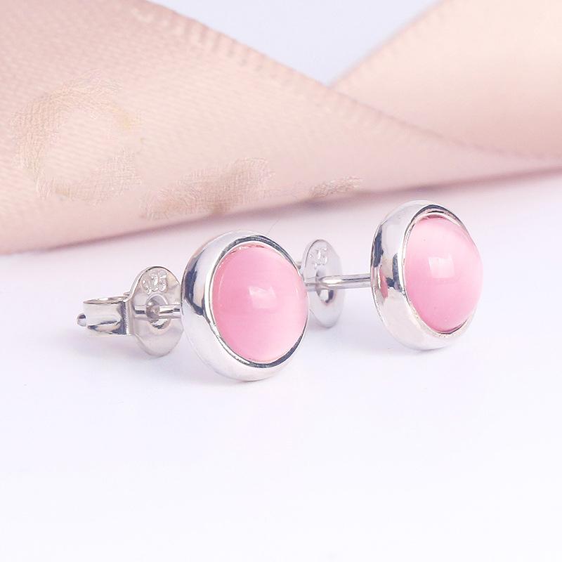 Серьги из натурального камня 2 цветов, серебряная игла, круглые серьги-гвоздики с огненным опалом и розовым кристаллом для женщин, камни месяца рождения