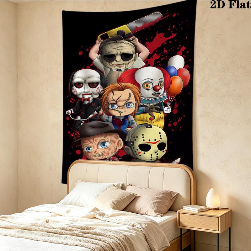 Chibi Chucky Freddy Krueger Wall Tapestry Aesthetic Wall Hanging Printed Fabric Blanket Decorative Tapestries for Bedroom Living Room Home Decor