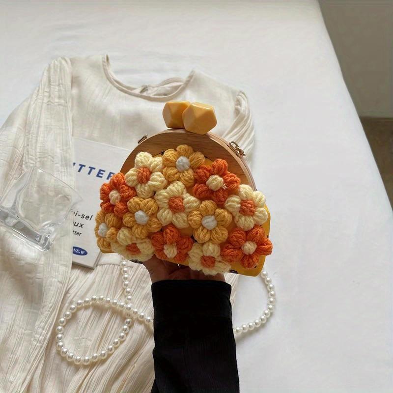 Ретро Деревянный Клатч Сумочка Модная Вязаная Сумка Крючком для Женщин Тренд Имитация Жемчужной Цепочки Сумка Кроссбоди Женская Вязаная Сумка Клатч