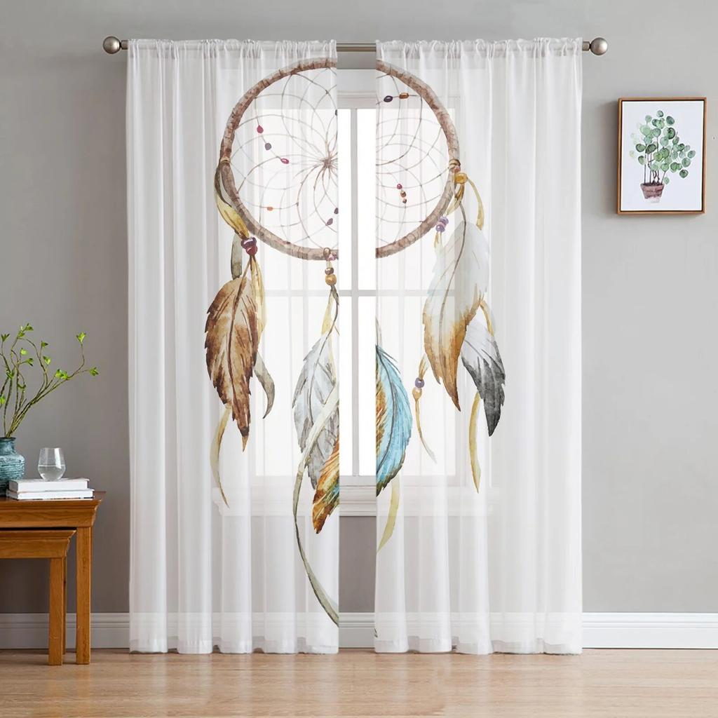 Dream Catcher Watercolor Feather Pattern Modern Tulle Curtains for Living Room Bedroom Home Kitchen Window Sheer Curtains