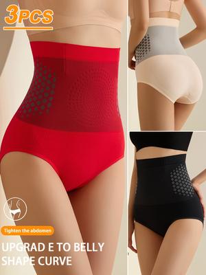 3 шт. Женские трусики для коррекции живота - С высокой талией, Дышащая смесь нейлона и спандекса, Однотонные