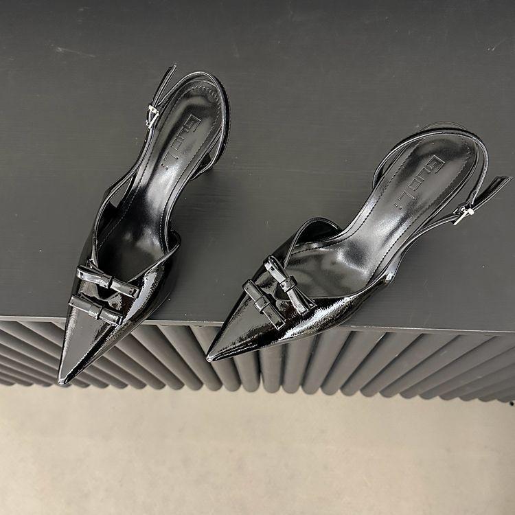 Нишевые французские туфли на высоком каблуке, тонкий каблук, сандалии с закрытым носком, туфли феи, весна 2025, темпераментные, остроносые, с бантом, телесные туфли