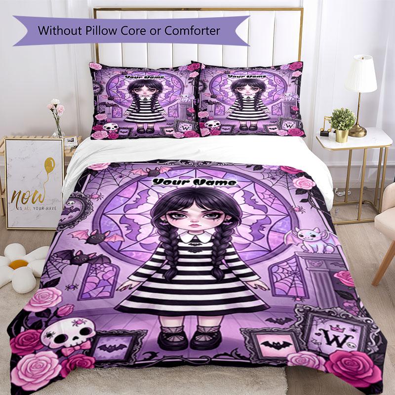 3PC Custom Name Gothic Halloween Portrait Bedding Set Printed Bedding Set Duvet Cover Closure Includes 1 Duvet Cover & 2 Pillowcases for All Seasons B