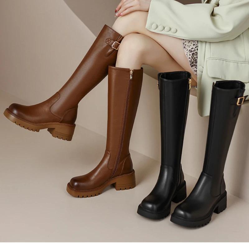 Модные женские ботфорты в британском стиле, осенние, на высоком каблуке, с боковой молнией, ретро, на массивном каблуке, до колена, женская обувь, zapatillas mujer