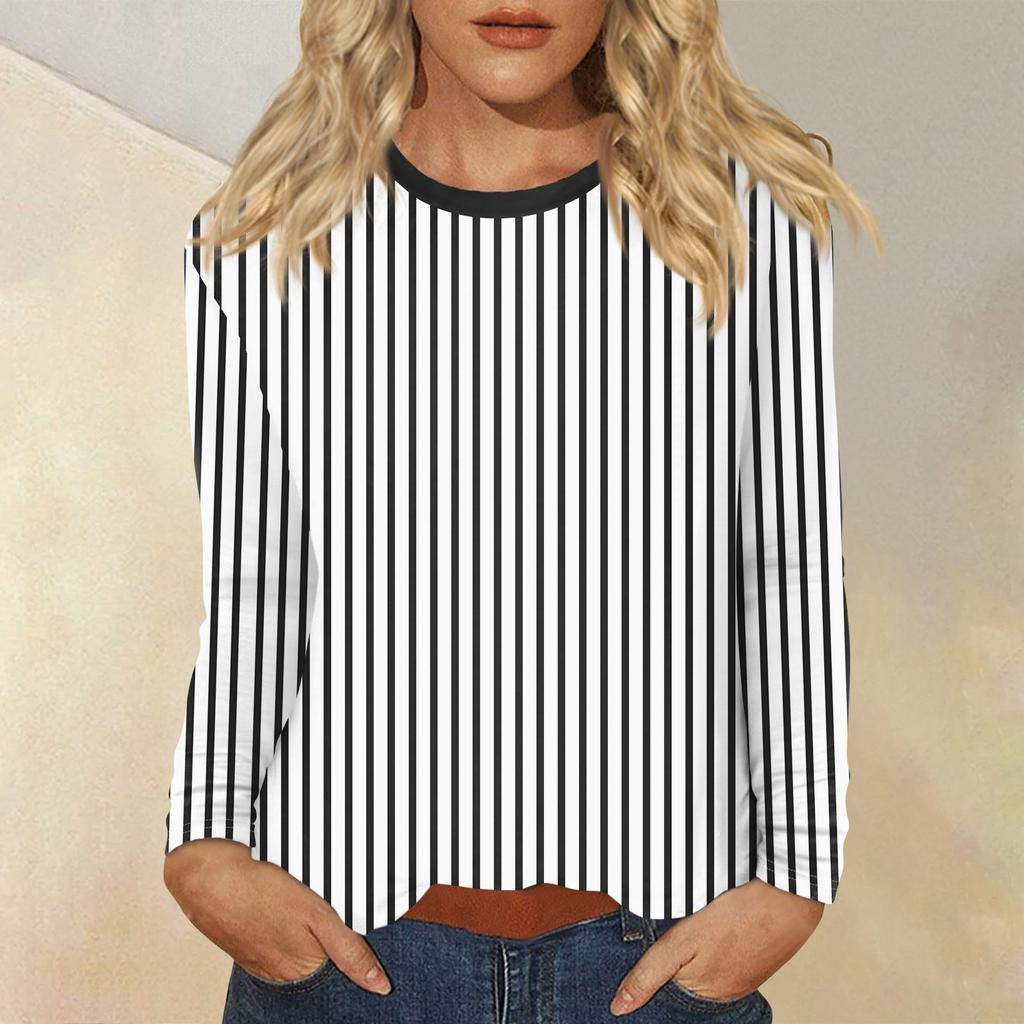 Женский повседневный топ с круглым вырезом и длинными рукавами в полоску с принтом