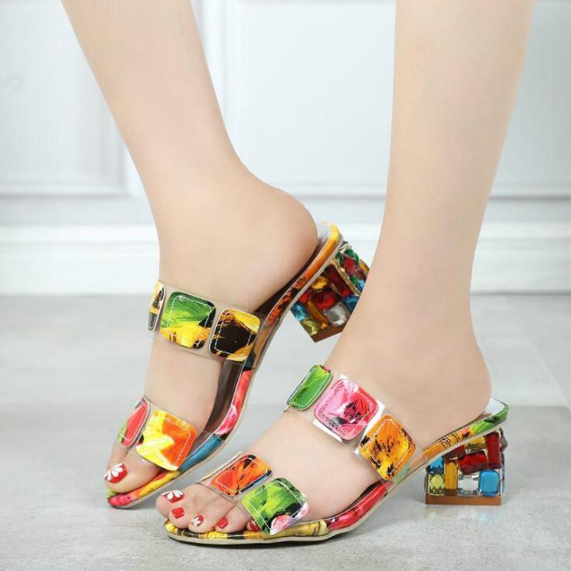 Dwayne Slippers Womens Summer New Strange Style Sandals Rhinestone Candy Colors Matching Elegant High Heels Female 2025