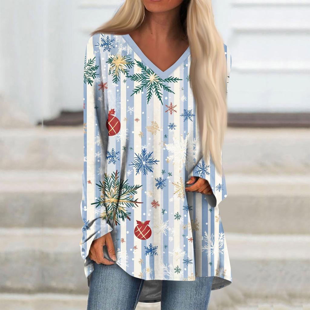 Женская модная повседневная футболка с принтом, длинный рукав, V-образный вырез, топ средней длины