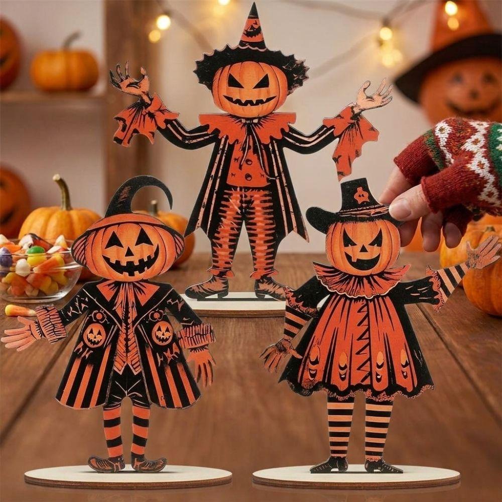 3Pcs 2D Flat Pumpkin Man Tabletop Decor Wooden Pumpkin Scarecrow Party Sign Tabletop Display
