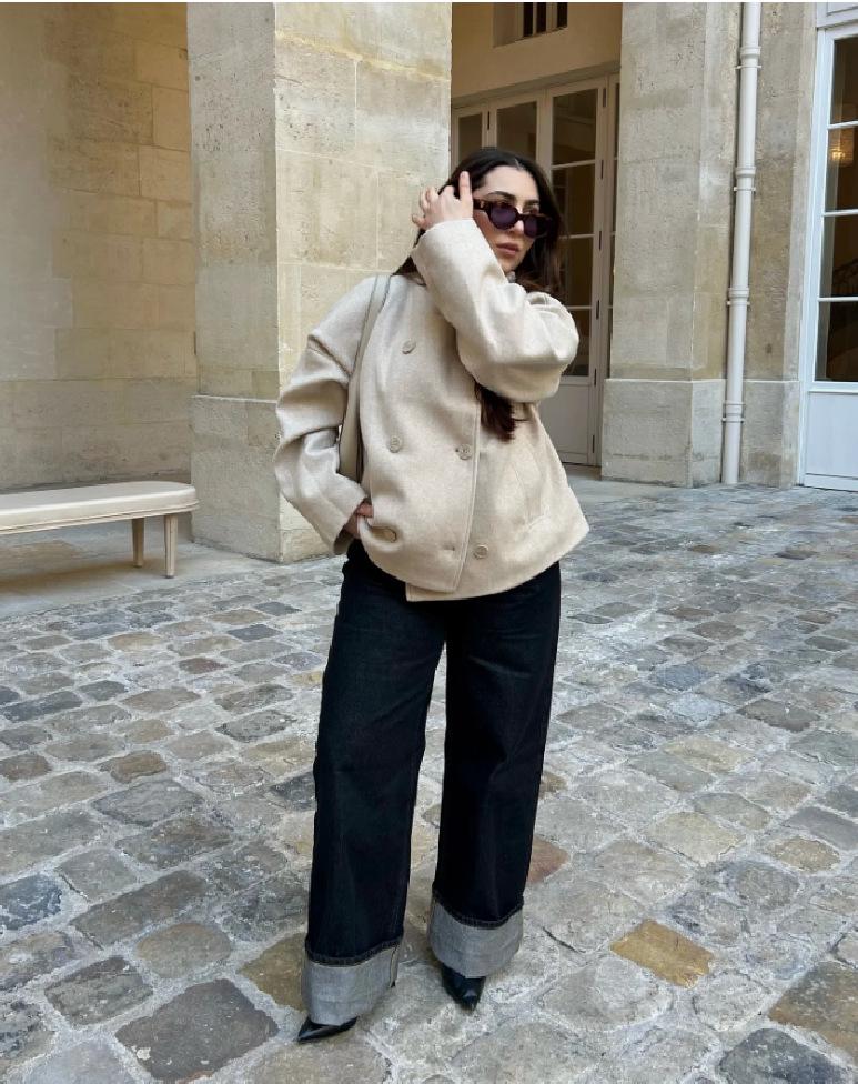 Однотонное двубортное короткое пальто с воротником-стойкой 2025 года - с длинным рукавом, Осень/Зима