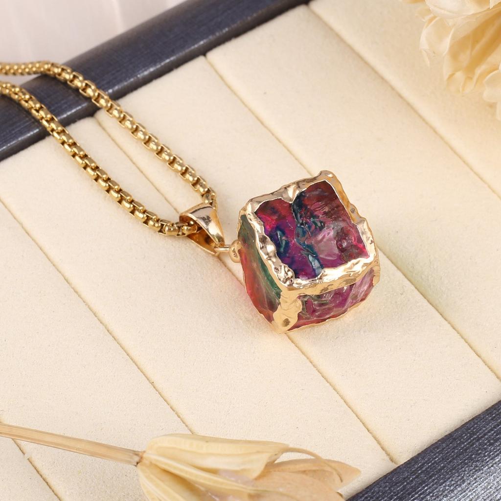 1Pc, Reiki Healing Crystal Necklace Pendant, Geometric Style Square Energy Natural Stone Chain Necklaces for Women Men Christmas Jewellery Gifts