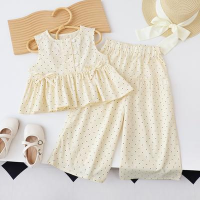 Летний костюм для девочки в горошек без рукавов Новый Повседневный тонкий топ и широкие брюки для девочки Корейский стиль Комплект из двух предметов