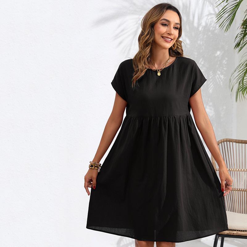 Fashion Summer Round Neck A-line Loose Dress Women Elegant Slim Fit Pockets Temperament Casual Dresses Woman Simple Vintage Slim Female Dress 26482