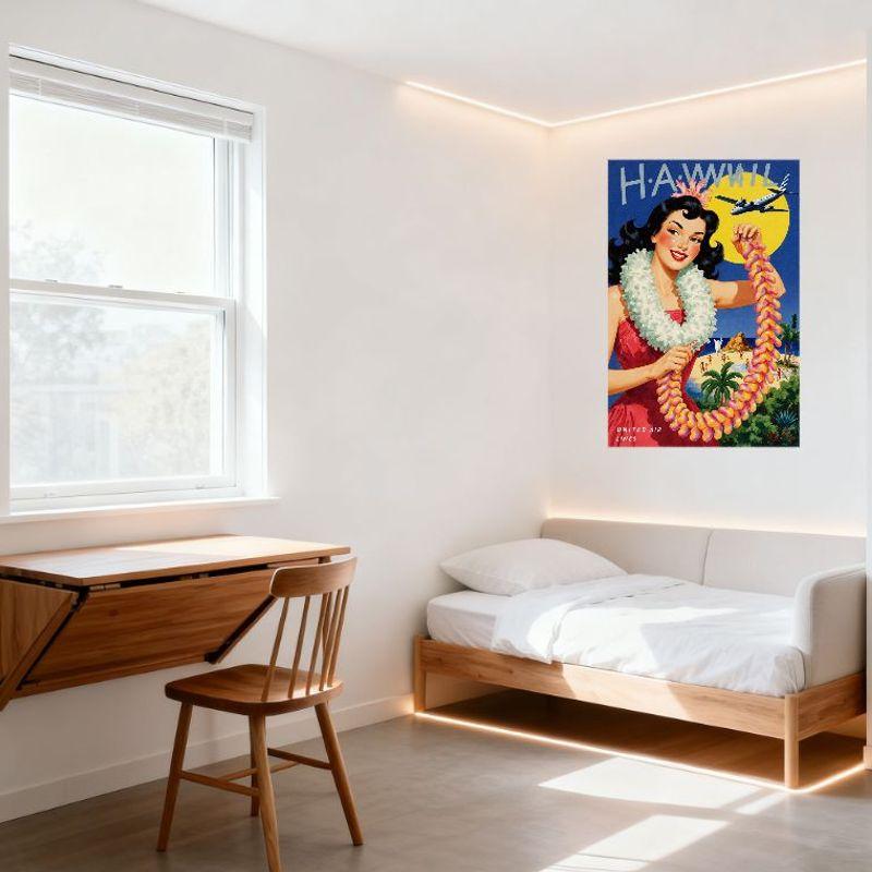 Vintage United Air Lines Hawaii Travel Poster Metal Tin Sign - Glamorous Woman Lei Beach Palm Trees Art Decor for Home Bar Cafe