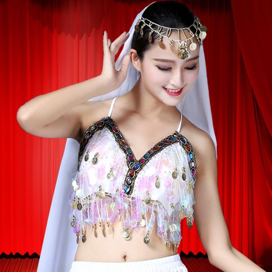 Women Bra Top Sequin Tassel Halter Neck Waist-exposure Backless Sleeveless Belly Dance Boho Festival Top Clubbing Tribal Bra Performance Exotic Top