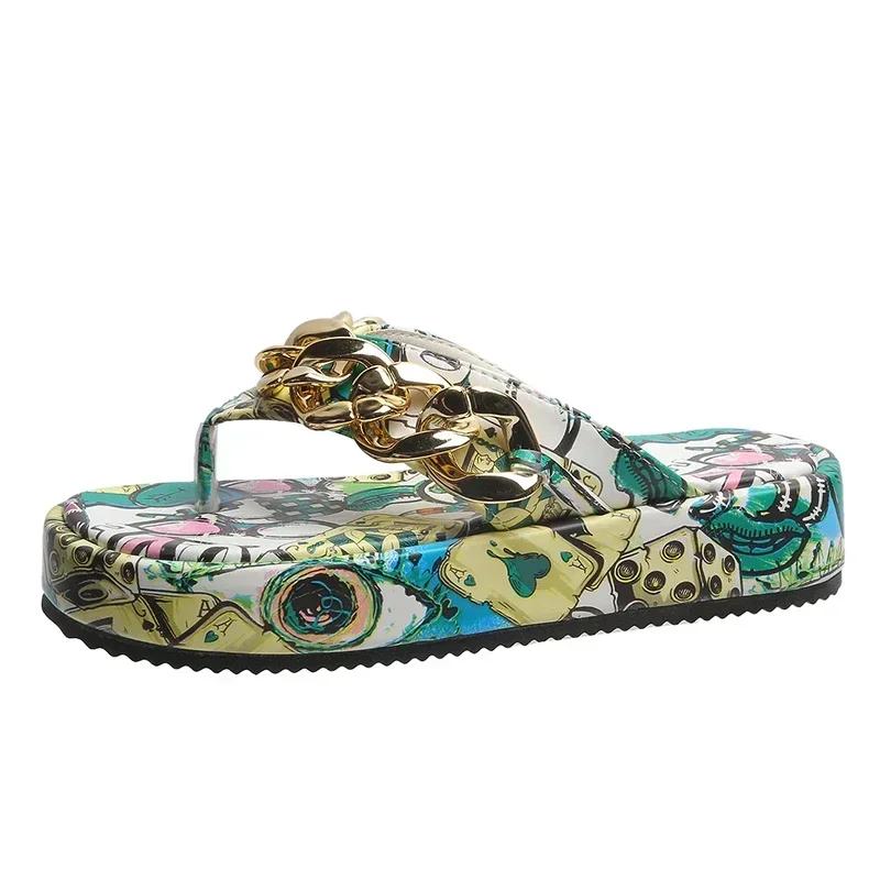Women's Platform Flip-flops Slippers Summer New Graffiti Metal Chain Decoration Wedge Slippers for Women Beach Shoes Plus Size
