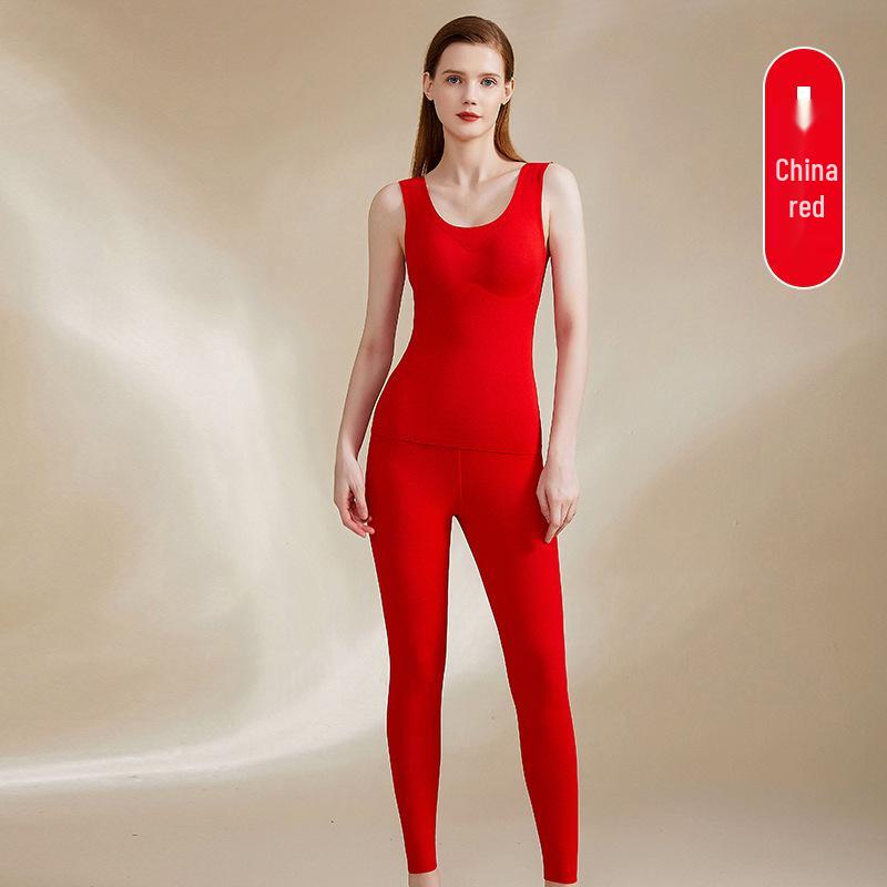 Женский бесшовный комплект из кашемира и шелка: жилет и кальсоны с встроенным бюстгальтером - на флисовой подкладке и плотный для осени